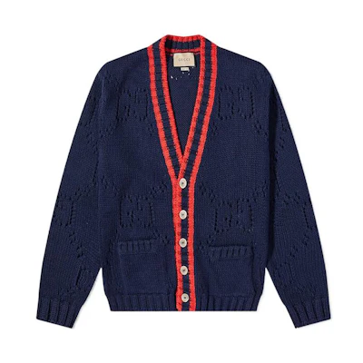 Gucci FW22 Navy Cable Knit V-Neck Cardigan 692156XKCBA4668