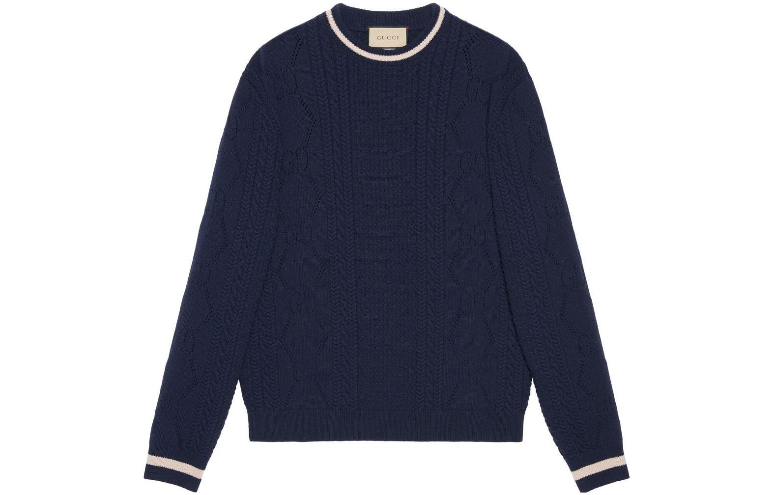 Gucci FW22 Navy GG Ribbed Knit Wool Sweater with Contrast Trim 699115-XKCFW-4492