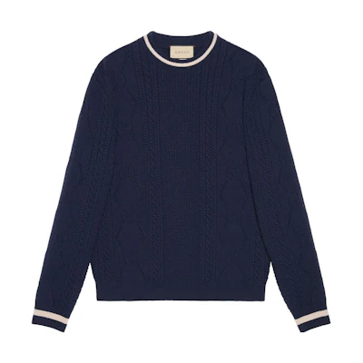 Gucci FW22 Navy GG Ribbed Knit Wool Sweater with Contrast Trim 699115-XKCFW-4492