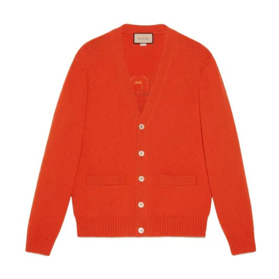 Gucci FW22 Palm Tree Logo Orange V-neck Knit Sweater 699043-XKCFV-7708