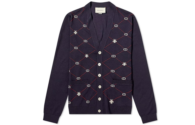 Gucci FW22 Pattern Print Navy Blue Wool Knit Sweater 597741-XKA4I-4206