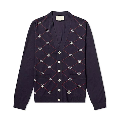 Gucci FW22 Pattern Print Navy Blue Wool Knit Sweater 597741-XKA4I-4206