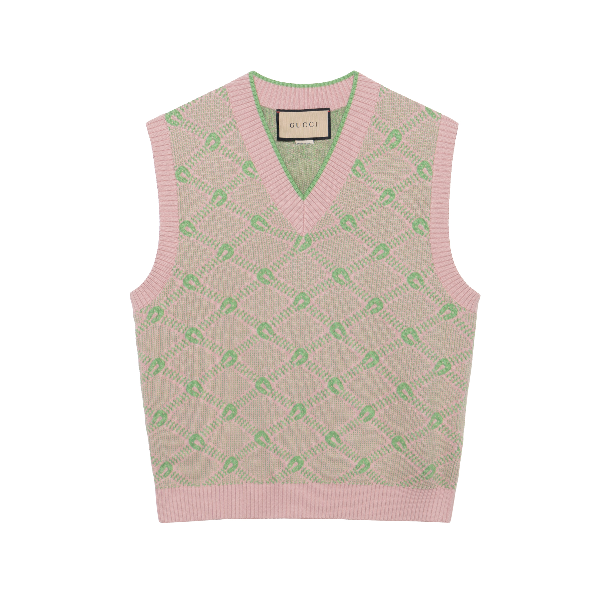 Gucci FW22 Pink Horsebit Jacquard V-Neck Knit Vest 695556-XKCCW-9884