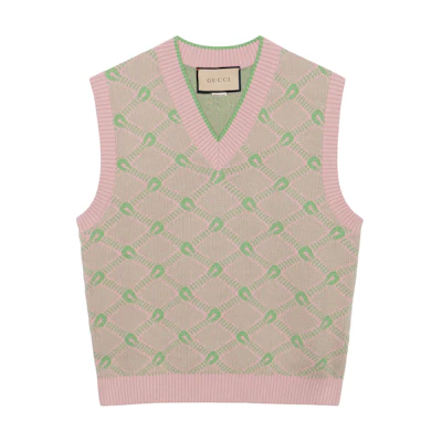 Gucci FW22 Pink Horsebit Jacquard V-Neck Knit Vest 695556-XKCCW-9884