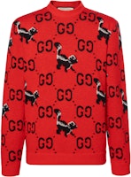 Gucci FW22 Red Crewneck Knit Sweater with Logo & Animal Motif 711576-XKCL2-6229 Gucci FW22 Red Crewneck Knit Sweater with Logo & Animal Motif 711576-XKCL2-6229