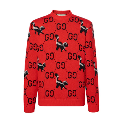 Gucci FW22 Red Crewneck Knit Sweater with Logo & Animal Motif 711576-XKCL2-6229