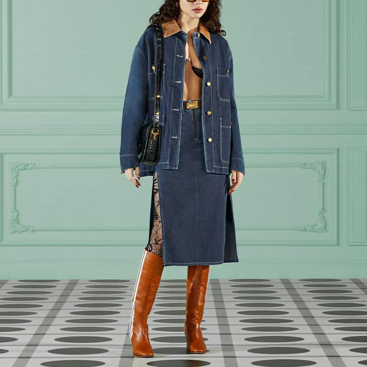 GUCCI FW22 Solid Color Denim Midi Skirt with Zip Slit Blue 708851-XDB3L-4011 圖 3