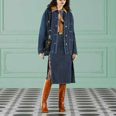 GUCCI FW22 Solid Color Denim Midi Skirt with Zip Slit Blue 708851-XDB3L-4011 Lookbook GUCCI FW22 Solid Color Denim Midi Skirt with Zip Slit Blue 708851-XDB3L-4011