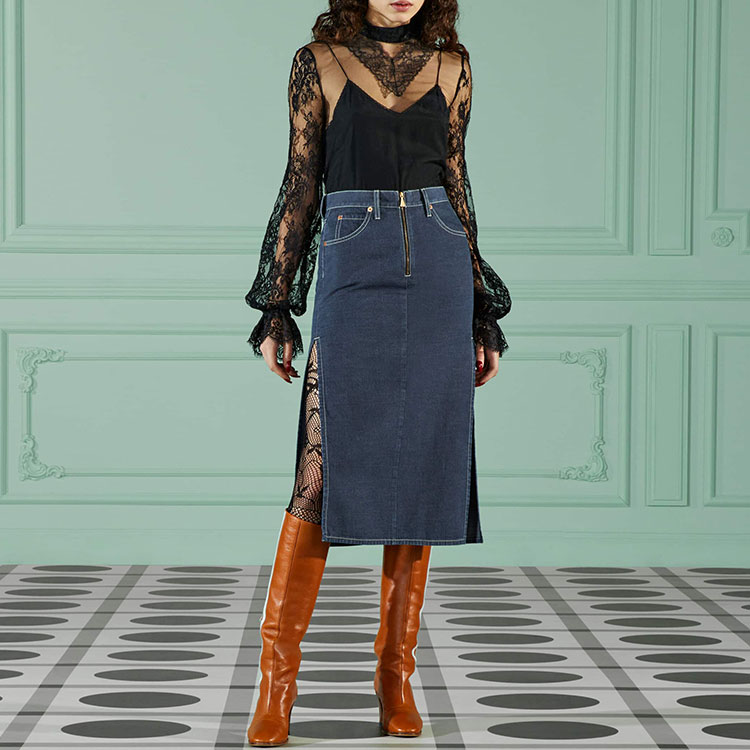 GUCCI FW22 Solid Color Denim Midi Skirt with Zip Slit Blue 708851-XDB3L-4011 圖 4