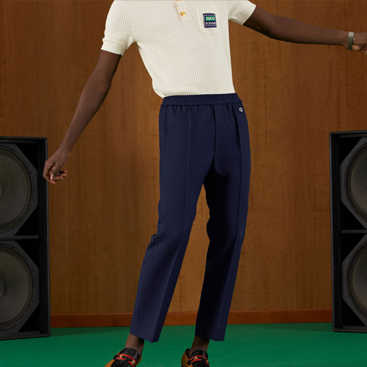 Purchase グッチ FW22 ソリッドカラー エラスティックウエスト テーパードカジュアルパンツ ブルー 690559-Z8A11-4142