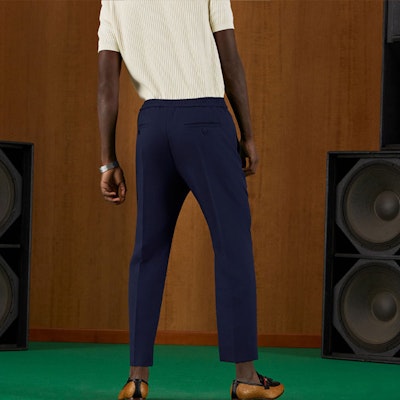 グッチ FW22 ソリッドカラー エラスティックウエスト テーパードカジュアルパンツ ブルー 690559-Z8A11-4142 Details for グッチ FW22 ソリッドカラー エラスティックウエスト テーパードカジュアルパンツ ブルー 690559-Z8A11-4142