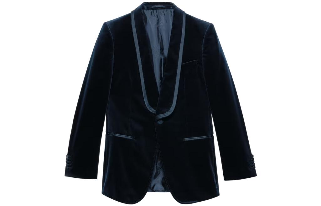 Gucci FW22 Solid Satin Trim Single-Breasted Blue Jacket 681061-Z4716-4376