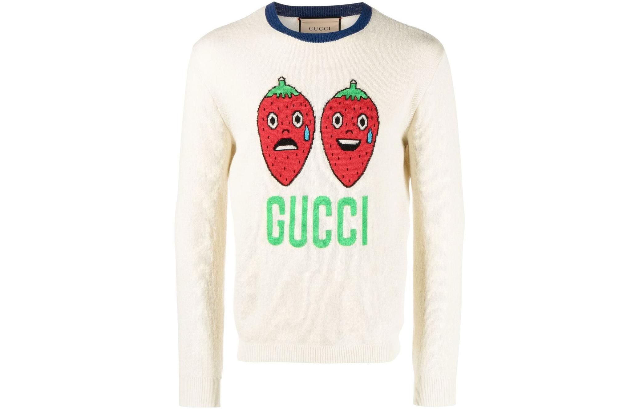 Gucci FW22 Strawberry Intarsia Logo Crewneck Sweater Off-White 696583-XKCFZ-9182
