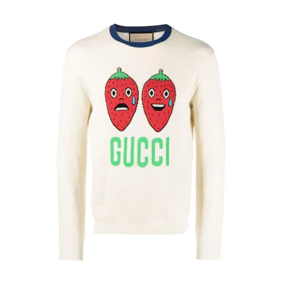 Gucci FW22 Strawberry Intarsia Logo Crewneck Sweater Off-White 696583-XKCFZ-9182