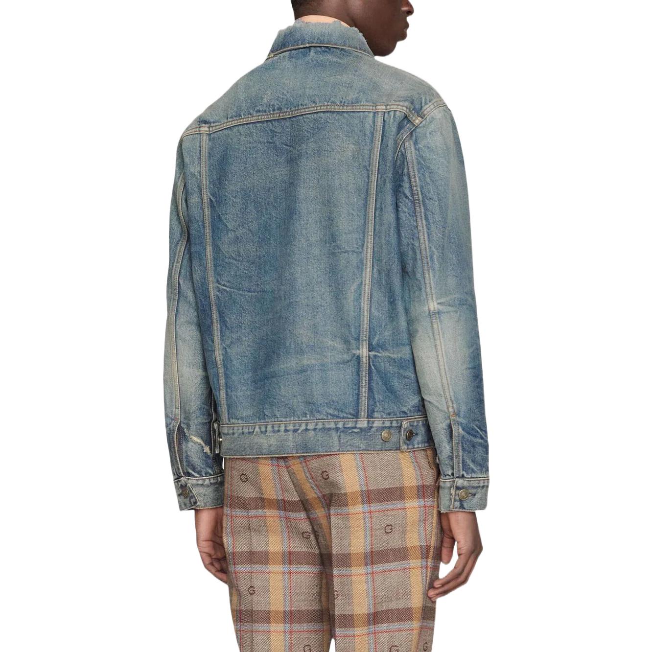 Shop GUCCI FW22 Washed Denim Button-Up Jacket Men’s Casual Blue Long Sleeve Outerwear 669602-XDBR5-4447