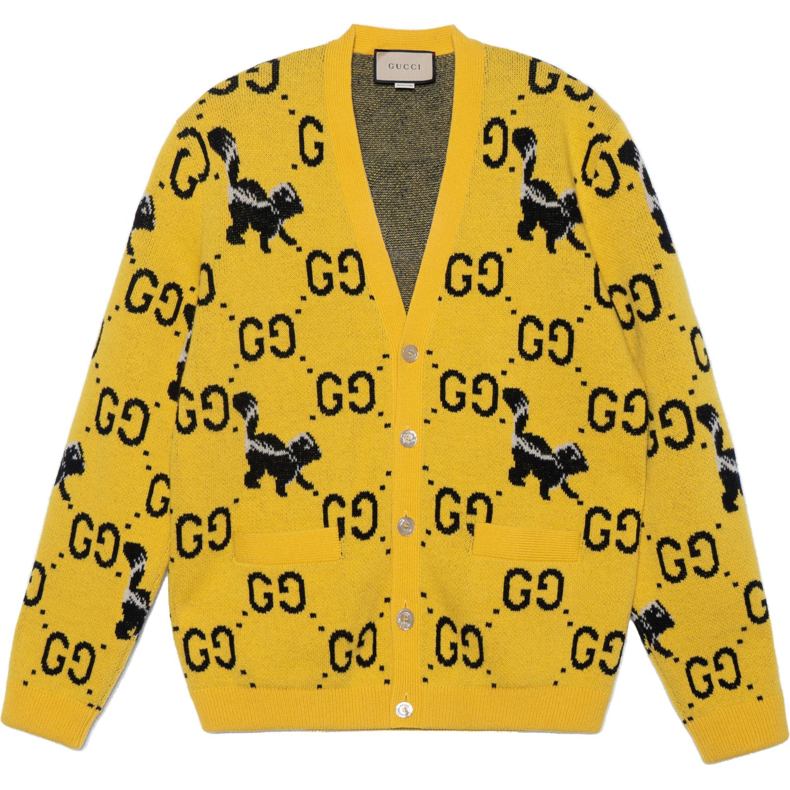 Gucci FW22 Yellow Logo Animal Jacquard V-neck Knit Cardigan 716113-XKCL2-7218