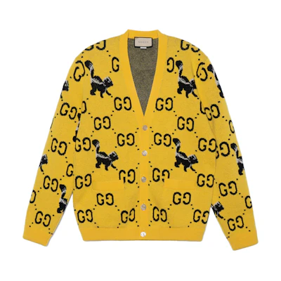 Gucci FW22 Yellow Logo Animal Jacquard V-neck Knit Cardigan 716113-XKCL2-7218