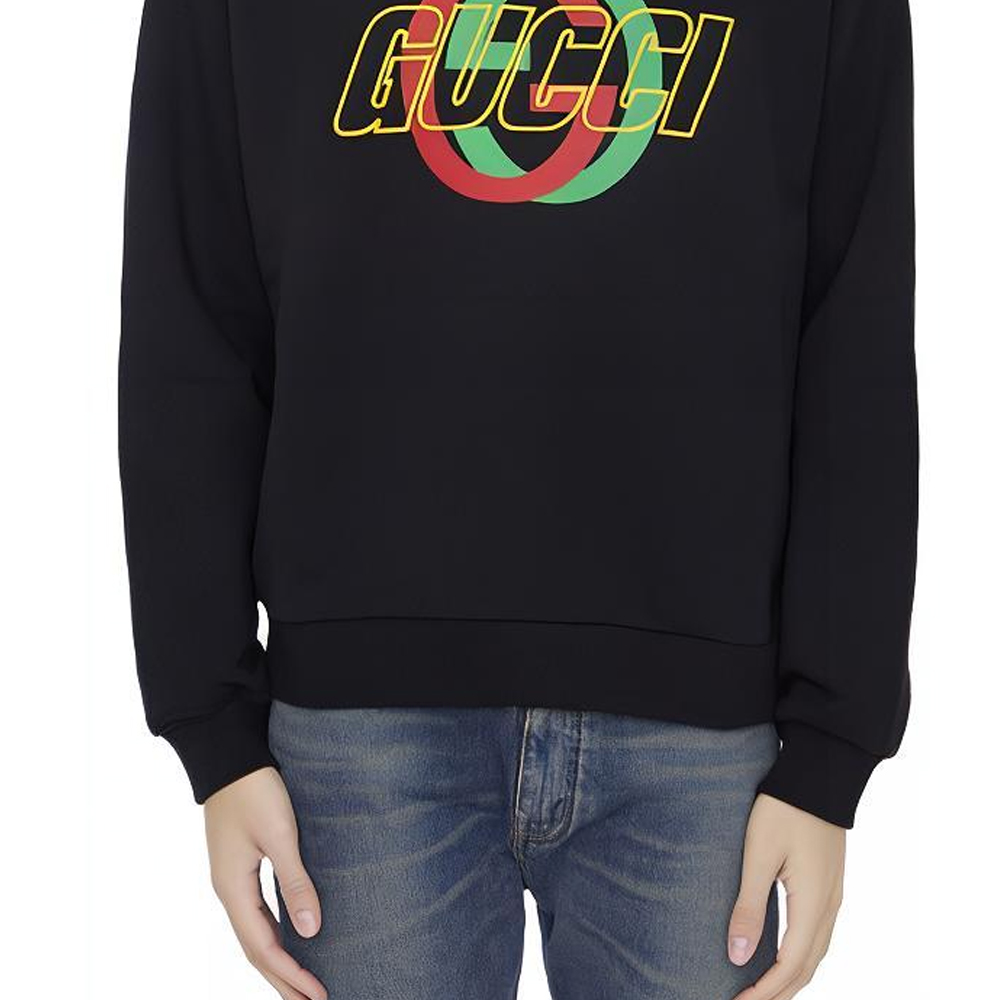 Sizing Gucci FW23 2024 Pre-Spring Crewneck Hitam dengan Print Huruf 768460-XJGA1-1162