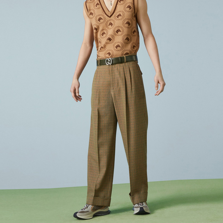 Shop GUCCI FW23 Pantalones Rectos Casual Cuadros Marrón con Cremallera 742768-Z8BJ4-2229