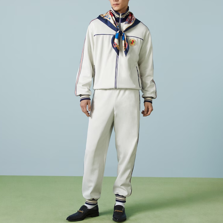 Lookbook GUCCI FW23 白色條紋束繩針織運動長褲 752286-XJFTI-9782