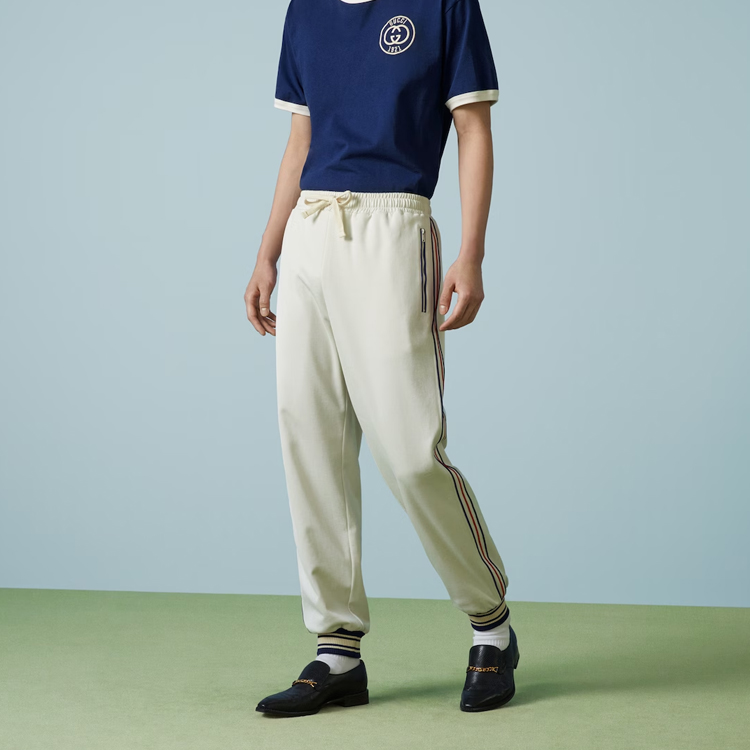 Purchase GUCCI FW23 白色條紋束繩針織運動長褲 752286-XJFTI-9782