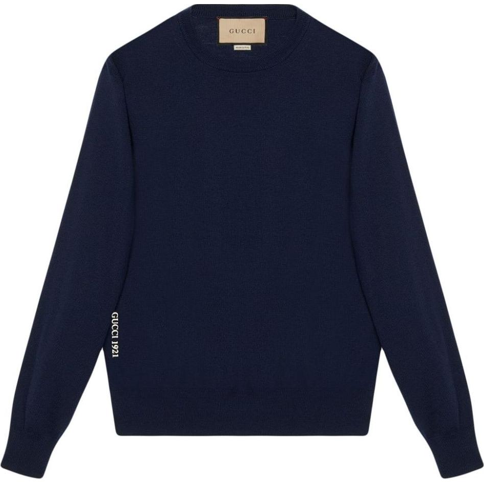 Buy 古驰FW23蓝色Logo印花宽松肩男士毛衣 763661-XKDLY-4309