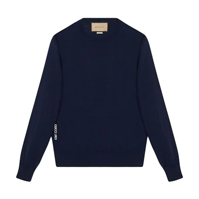 Gucci FW23 Blue Logo Print Crewneck Drop Shoulder Sweater Men 763661-XKDLY-4309