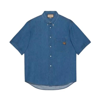 Gucci FW23 Blue Plain Square Collar Short Sleeve Shirt 753112-XDCNE-4447