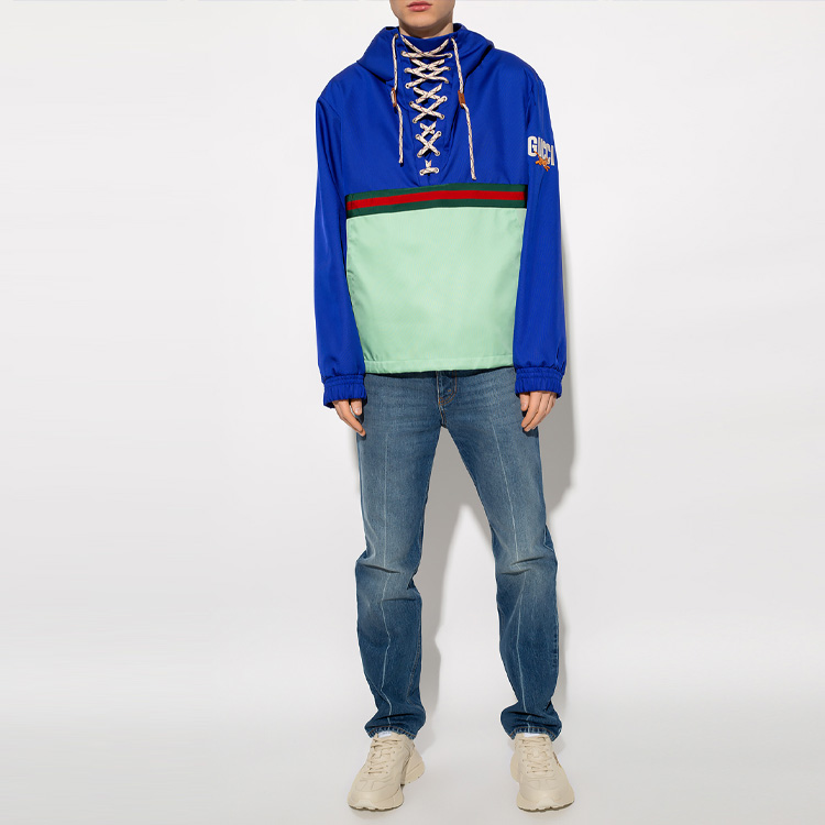 Lookbook GUCCI FW23 Blue Tiger Letter Print Drawstring Long Sleeve Sweatshirt Men. 683256-Z8AXI-4309