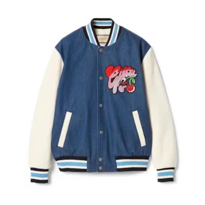 Gucci FW23 Blue Unisex Baseball Jacket with Colorblock Logo Embroidery 783819-XDCWW-4447