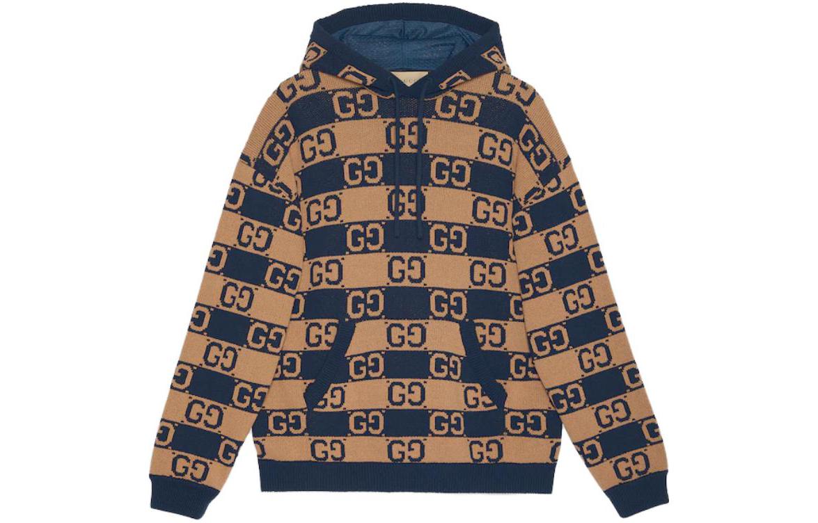 Gucci FW23 Colorblock Logo Jacquard Knit Hoodie - Khaki 752097-XKDFK-2349