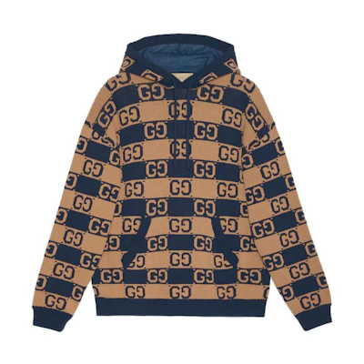 Gucci FW23 Colorblock Logo Jacquard Knit Hoodie - Khaki 752097-XKDFK-2349