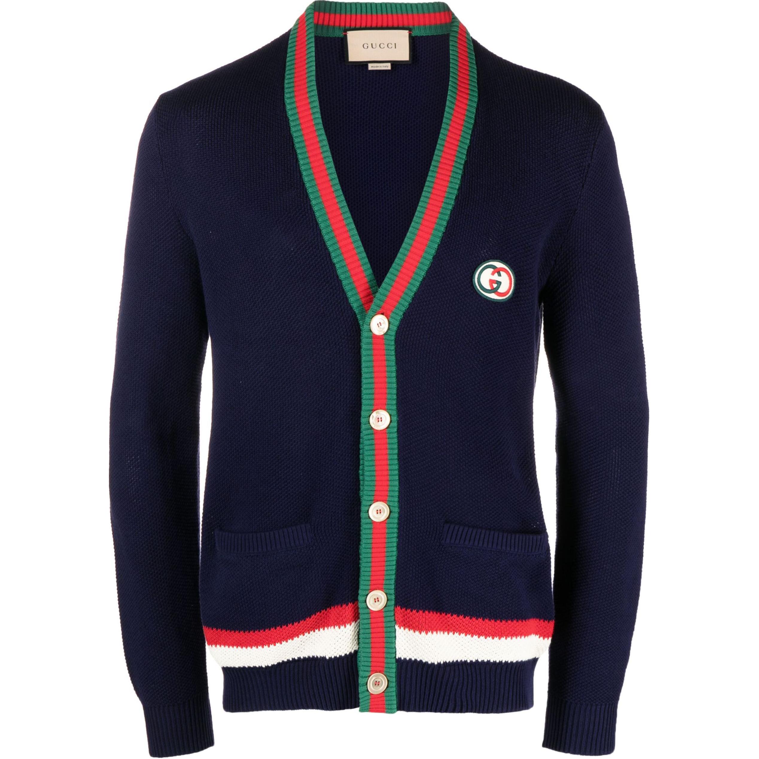 Gucci FW23 Dark Blue V-Neck Cotton Knit Cardigan 752251XKC9O4437