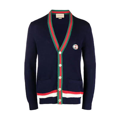 Gucci FW23 Dark Blue V-Neck Cotton Knit Cardigan 752251XKC9O4437
