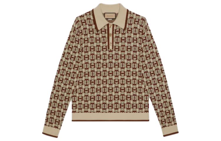 Gucci FW23 Ivory Monogram Horsebit Trim Long Sleeve Polo Shirt 753432-XKDFO-9134