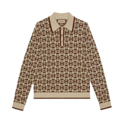 Gucci FW23 Ivory Monogram Horsebit Trim Long Sleeve Polo Shirt 753432-XKDFO-9134