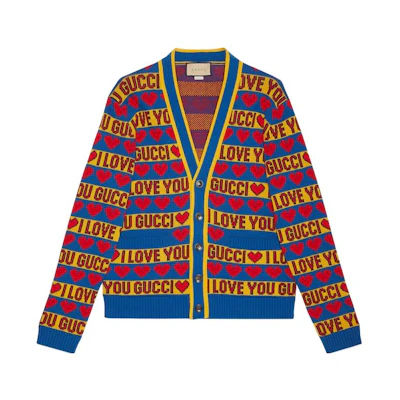 Gucci FW23 Multicolor Logo Jacquard Button-Up Knit Sweater Mens 743120-XKDCC-4298