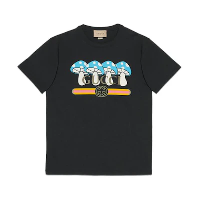 Gucci FW23 Mushroom Print Black Crewneck T-Shirt for Men 548334-XJFWM-1283