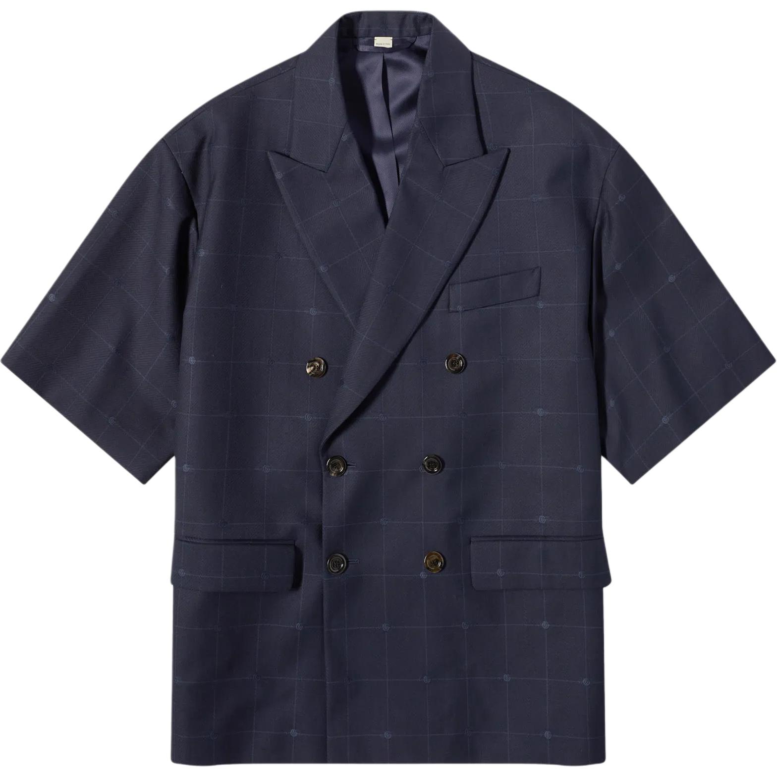 Gucci FW23 Navy Blue Plaid Double-Breasted Short Sleeve Blazer 749794-ZAJ6O-4556