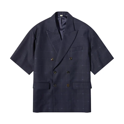 Gucci FW23 Navy Blue Plaid Double-Breasted Short Sleeve Blazer 749794-ZAJ6O-4556