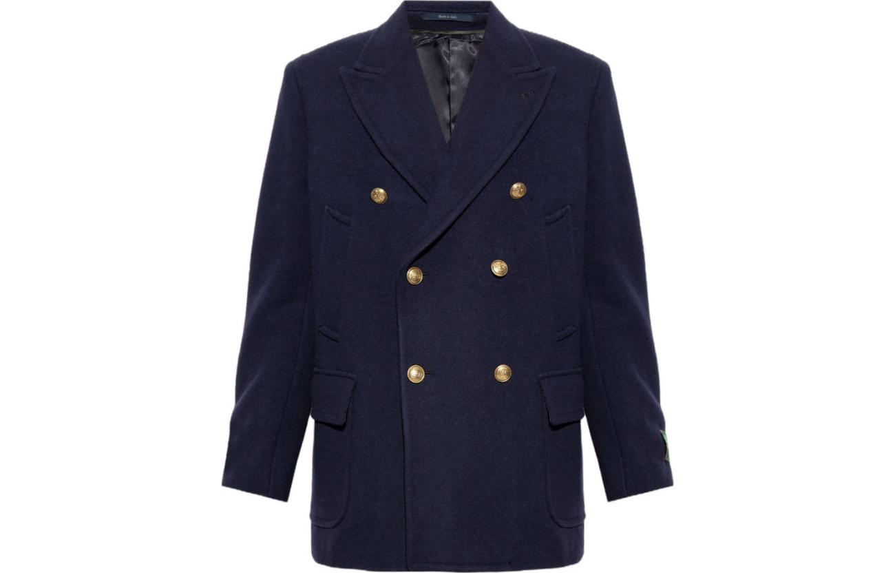 Gucci FW23 Navy Double-Breasted Coat with Solid Logo Patch 715703-Z582J-4379