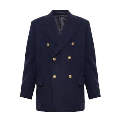 Gucci FW23 Navy Double-Breasted Coat with Solid Logo Patch 715703-Z582J-4379