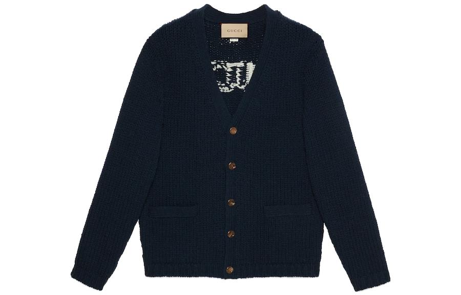 Gucci FW23 Solid Navy Blue Alphabet Cardigan Sweater 761541-XKDK4-4492