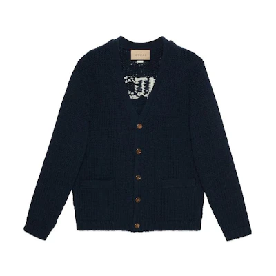 Gucci FW23 Solid Navy Blue Alphabet Cardigan Sweater 761541-XKDK4-4492
