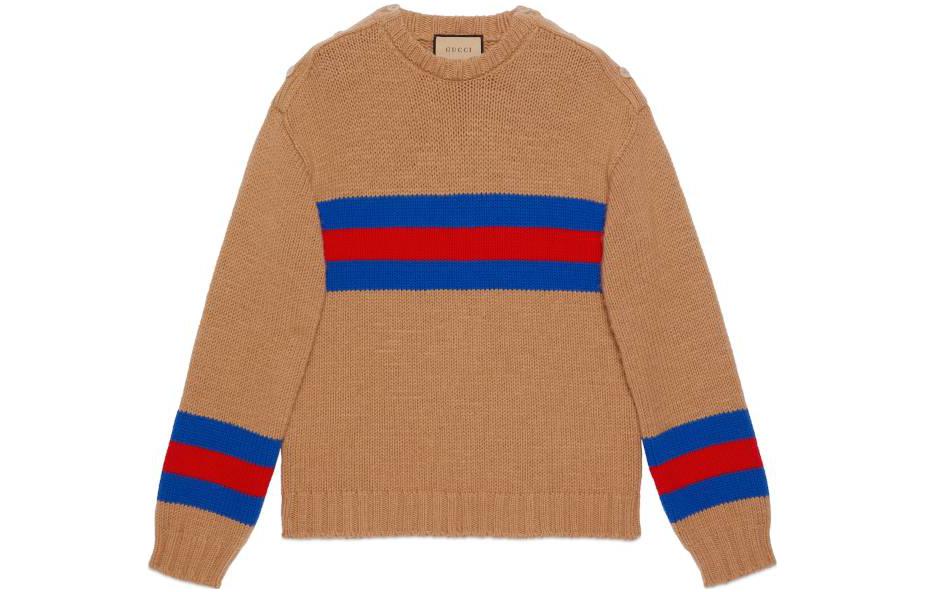 Gucci FW23 Tan Striped Knit Loose Fit Crewneck Sweater 750841-XKDF2-2032