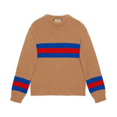 Gucci FW23 Tan Striped Knit Loose Fit Crewneck Sweater 750841-XKDF2-2032