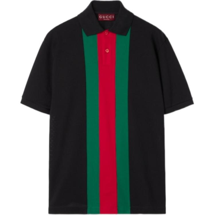 GUCCI FW24  Black Striped Ribbed Trim Short Sleeve Polo Shirt 795180-XJGRQ-1043