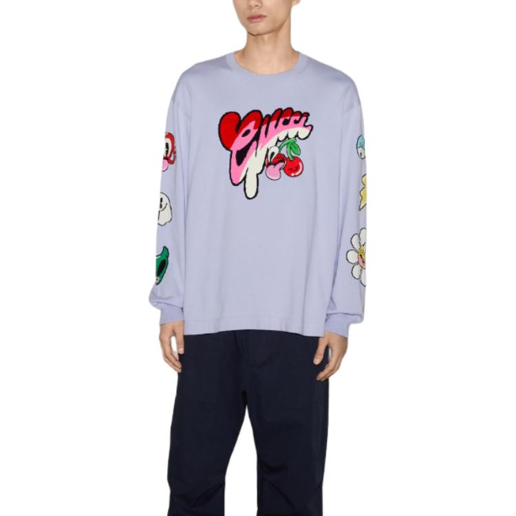 Shop GUCCI FW24 Baju Lengan Panjang Logo Kartun Sulaman Ungu Muda 778520-XKDX4-5319