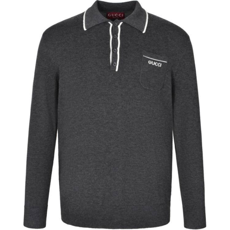 GUCCI FW24  Gray Knit Sweater with Contrast Trim and Logo Design. 802173-XKEBR-1087