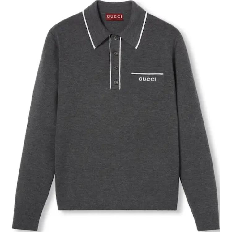 Order GUCCI FW24  Gray Knit Sweater with Contrast Trim and Logo Design. 802173-XKEBR-1087